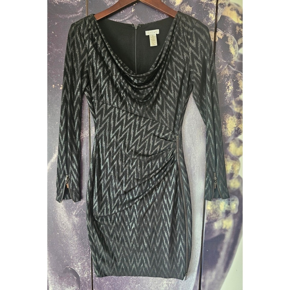 Cache Black‎ Metallic Zigzag Print Cowl Neck Ruched Sheath Dress w/ Zipper sz XS